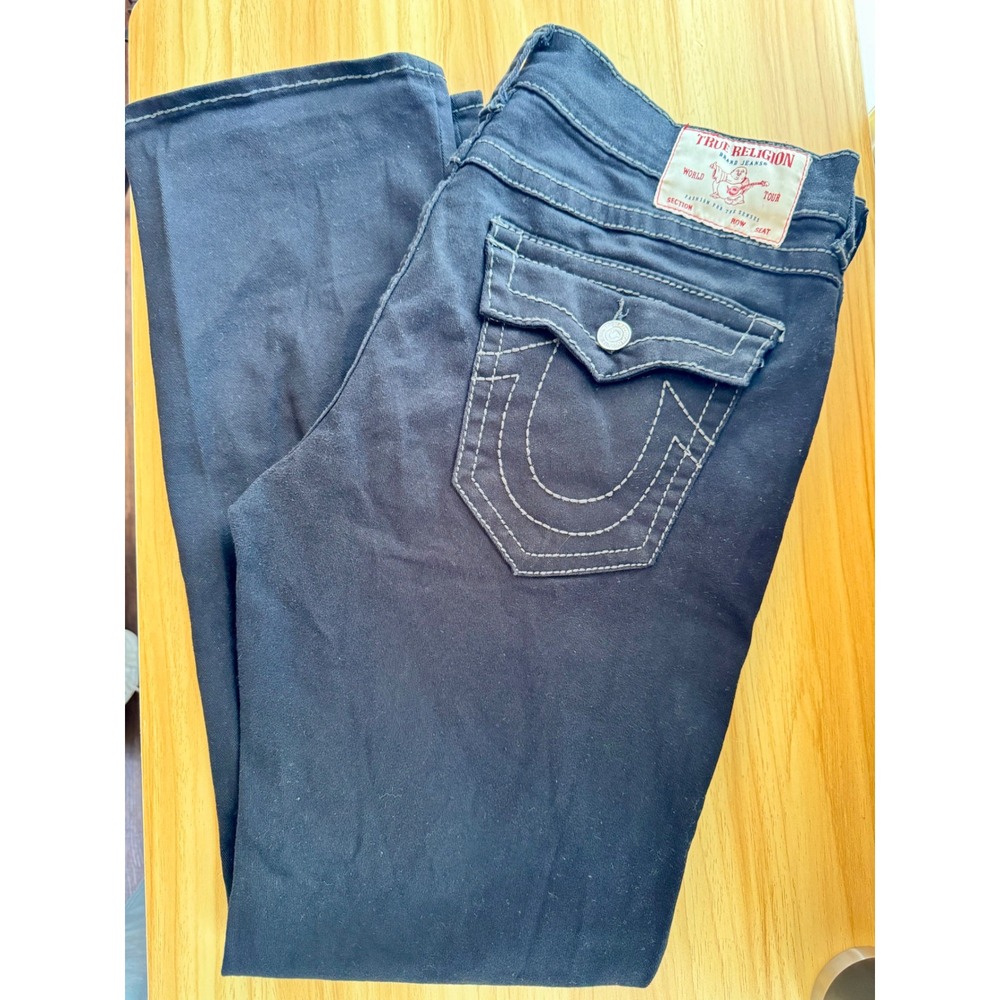 Y2K True Religion Ricky Relaxed Straight Black Grey Stitch Flap Jeans Sz 36